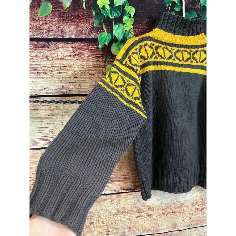 Chunky Knit Ski Sweater Turtleneck Fair Isle Turtleneck Wool Gray Yellow Women L